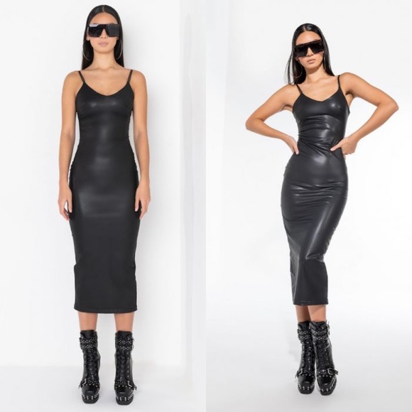 Black Longline Faux Leather Midi Dress - Picture 4 of 5